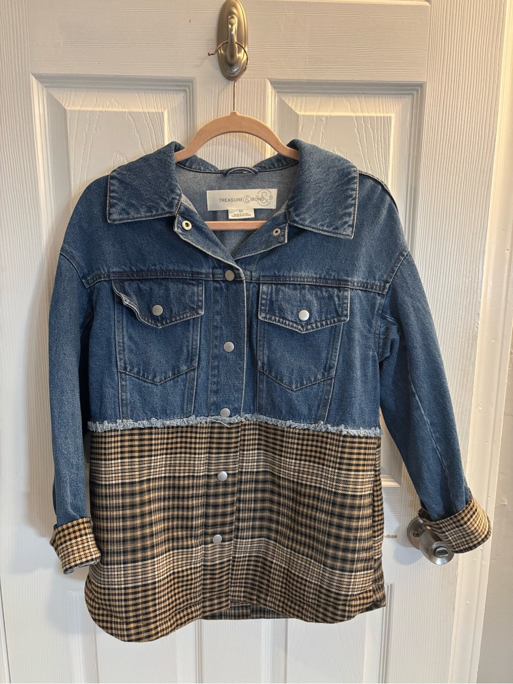 Treasure & Bond Blue Denim and Brown Plaid Mixed-Media Jacket